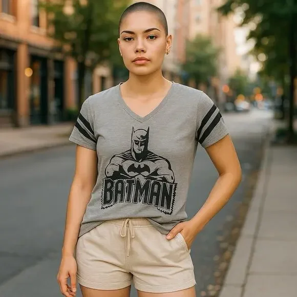 Batman Tee shirt L Large Youth V-Neck Gray‎ Black Batman Graphic Short Sleeve - Picture 2 of 7